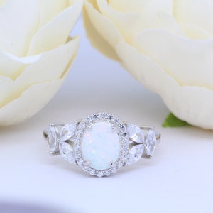 Art Deco Lab White Opal Engagement Ring: Leaf CZ Sterling Silver Band