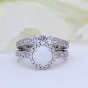 Art Deco Lab White Opal Engagement Ring Set: Round CZ, Sterling Silver
