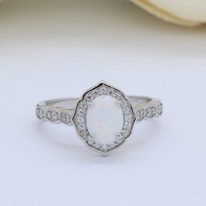 Halo Oval Lab White Opal Art Deco Wedding Engagement Ring Round CZ Solid 925 Sterling Silver Choose Your Stone