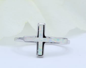12mm Sideways Cross Ring: Lab White Opal, Sterling Silver