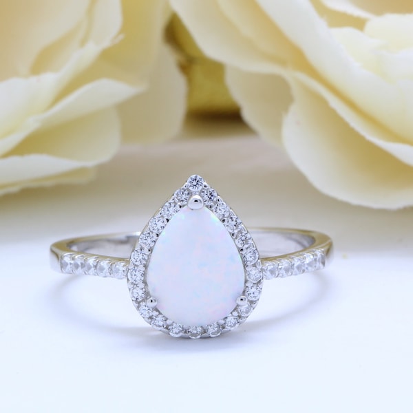 Halo Teardrop White Lab White Opal Art Deco Wedding Engagement Ring Round CZ Band Solid 925 Sterling Silver Choose Your Stone