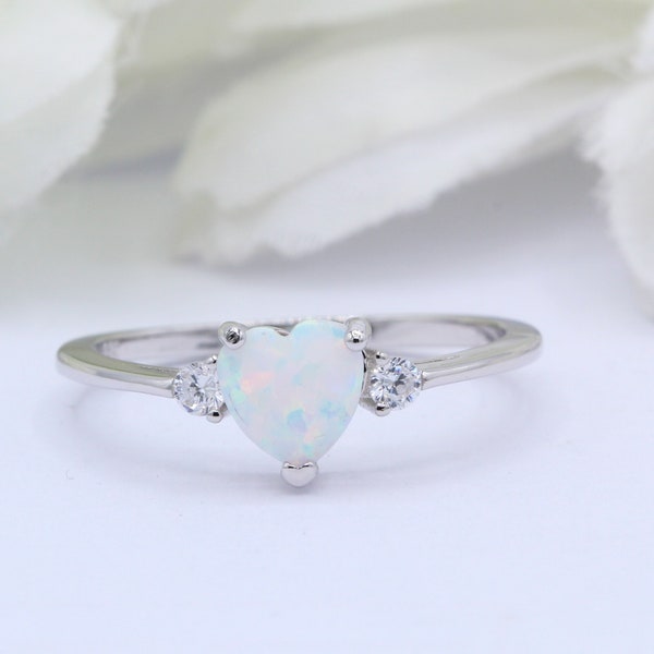 Three Stone Simulated Diamond CZ Heart Promise Ring White Lab White Opal Art Deco Ring Solid 925 Sterling Silver Choose Your Band Color