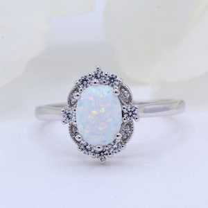 Halo Oval Lab White Opal Vintage Art Deco Wedding Engagement Promise Ring Round CZ Solid 925 Sterling Silver Choose Your Band Color