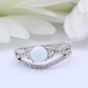 Two-Piece Celtic Design Round White Lab White Opal Infinity Band  Wedding Engagement Ring CZ  Solid 925 Sterling Silver Choose Your Stone