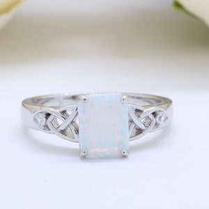 Celtic Design CZ Emerald Cut White Lab White Opal Wedding Engagement Ring CZ  Solid 925 Sterling Silver Choose Your Stone
