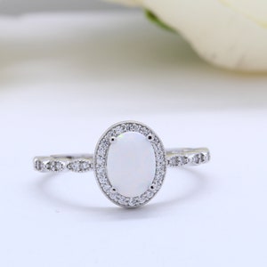 Halo Oval Lab White Opal Art Deco Vintage Wedding Engagement Ring Round CZ Solid 925 Sterling Silver Choose Your Stone