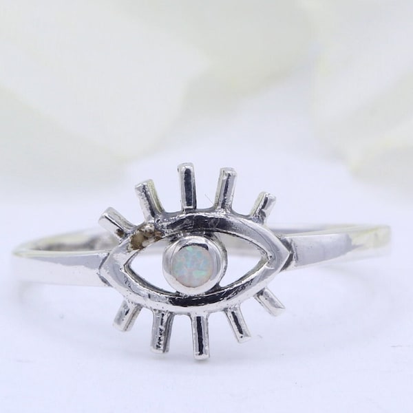 10mm Eye Ring Evil Eye Blue Lab Created White Opal Silver Good Luck White Opal Ring Solid 925 Sterling Silver Lucky Eye Thumb Ring
