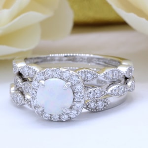 Three Piece Halo Round White Lab White Opal Art Deco Wedding Engagement Ring Set Round CZ Solid 925 Sterling Silver Choose Your Stone