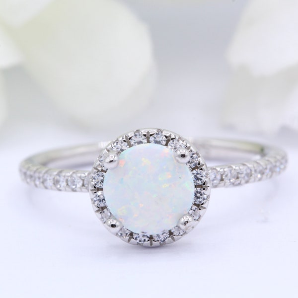 Halo Round White Lab White Opal Art Deco Wedding Engagement Ring Round CZ Solid 925 Sterling Silver Simple Band Choose Your Band Color