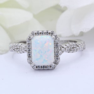 8mmx6mm Emerald Cut Lab White Opal Vintage Art Deco Three Stone Infinity Shank Wedding Bridal Engagement Ring 925 Sterling Silver Band Color