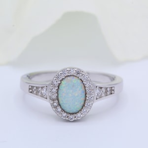 Wedding Engagement Bridal Ring Vintage Art Deco Oval Lab White Opal Halo Round Diamond CZ Accent 925 Sterling Silver