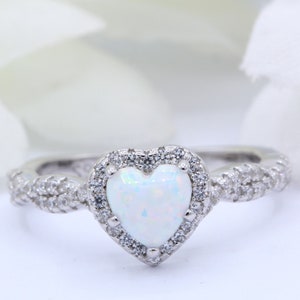 Halo Heart Lab White Opal Promise Ring Infinity Twisted Shank Art Deco Wedding Engagement CZ Band Solid 925 Sterling Silver Valentines Love