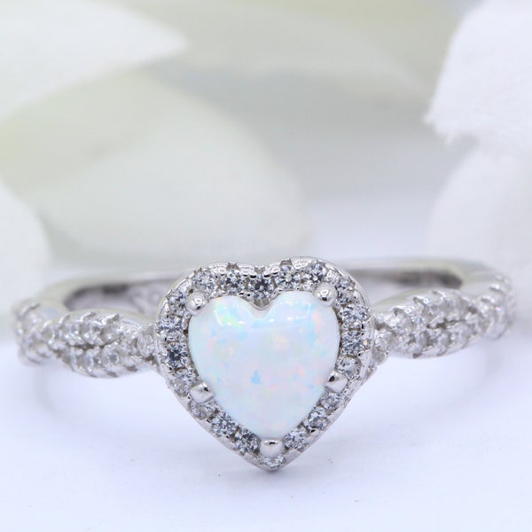Halo Heart Lab White Opal Promise Ring Infinity Twisted Shank Art Deco Wedding Engagement CZ Band Solid 925 Sterling Silver Valentines Love