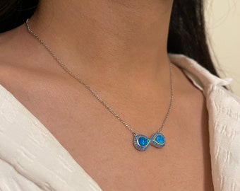 New Design Infinity Necklace Blue Lab Created Opal with Blue Lab Created Opal Gemstones Silver 925 Chain Necklace Trendy Jewelry 16" Chain