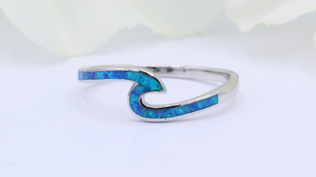 Small Wave Ring Lab Created Blue Opal Petite Dainty Trendy Surfing ...