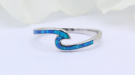 Small Wave Ring Lab Created Blue Opal Petite Dainty Trendy Surfing Beach Summer Ring Etsy