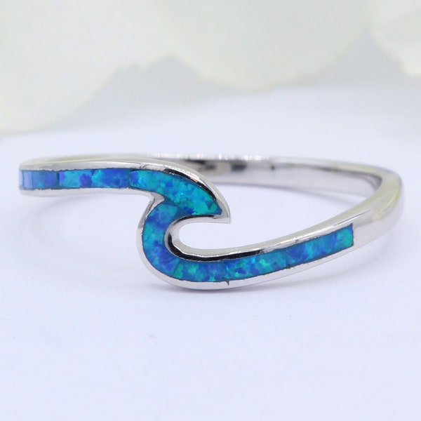 Small Wave Ring Lab Created Blue Opal Petite Dainty Trendy Surfing Beach Summer Ring