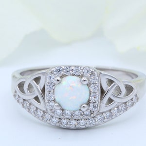 Halo Round Lab White Opal Celtic Design Art Deco Vintage Wedding Engagement Ring CZ Solid Half Band 925 Sterling Silver Choose Your Stone