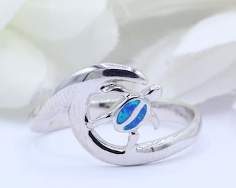 Blue Opal Sea Turtle Ring: 925 Sterling Silver Wave Ring (11mm)