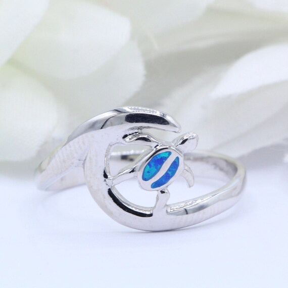 Sterling Silver Blue Created Opal Turtle on Wave Ring Sterling Silver Blue Created Opal Turtle on Wave Ring