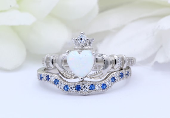 Sterling Silver Lab Created Opal Heart Crown Claddagh Ring Sterling Silver Lab Created Opal Heart Crown Claddagh Ring