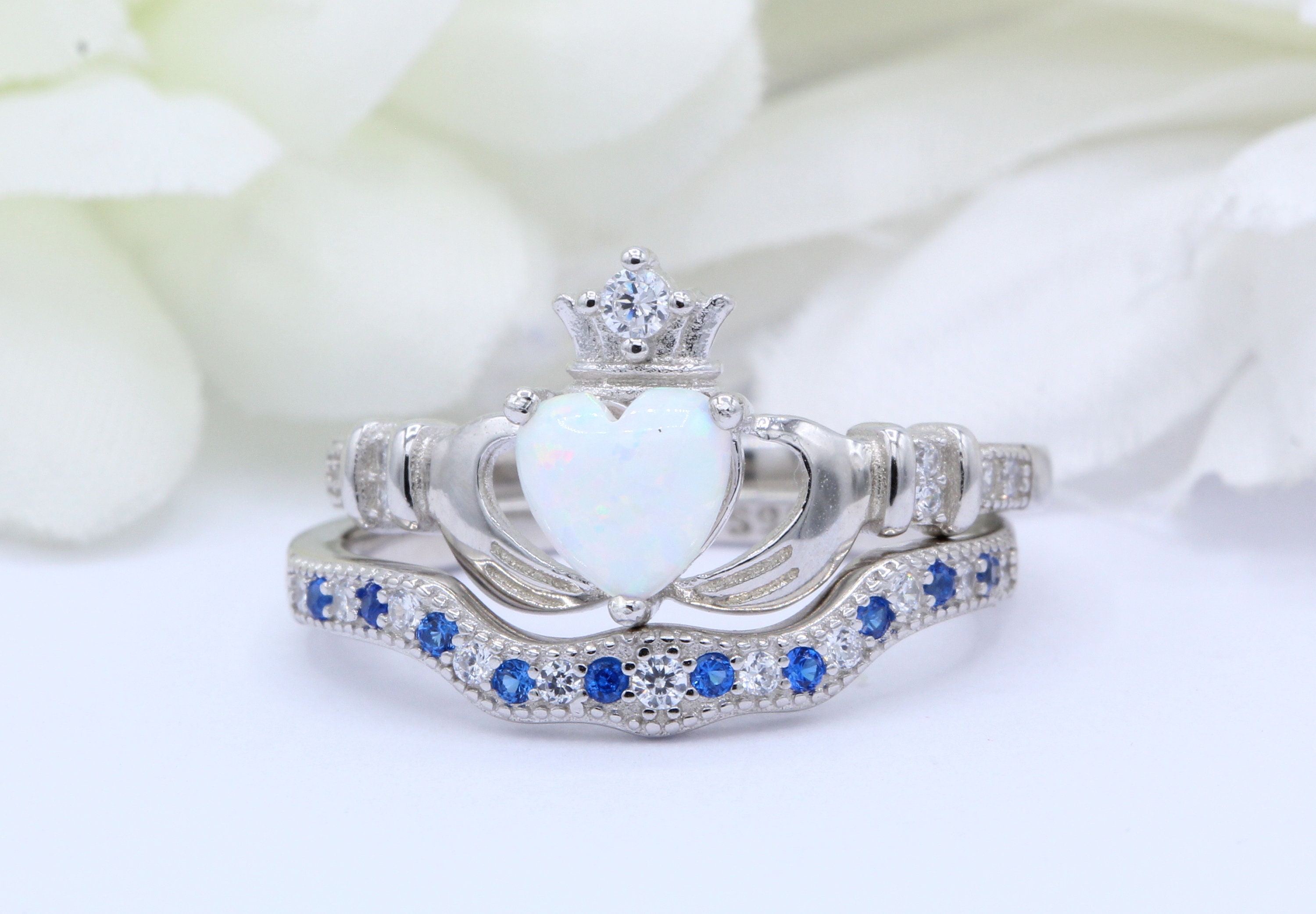 Two Piece Crown Heart Shaped Lab White Opal Claddagh Ring Irish Promise Ring Simulated Blue Sapphire Solid 925 Sterling Silver Choose Band Etsy Canada