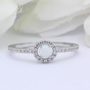 Art Deco Lab Opal Engagement Ring: Round CZ Halo, Sterling Silver
