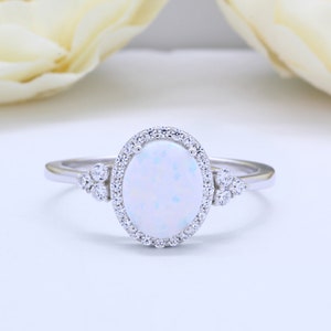 Halo Oval Lab White Opal Art Deco Vintage Wedding Engagement Ring Round CZ Solid 925 Sterling Silver Choose Your Stone