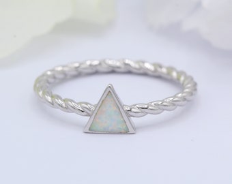 6mm Triangle Petite Dainty Lab White Opal Braided Cable Solitaire Band Ring 925 Sterling Silver Choose Band Color New Design Thumb Ring