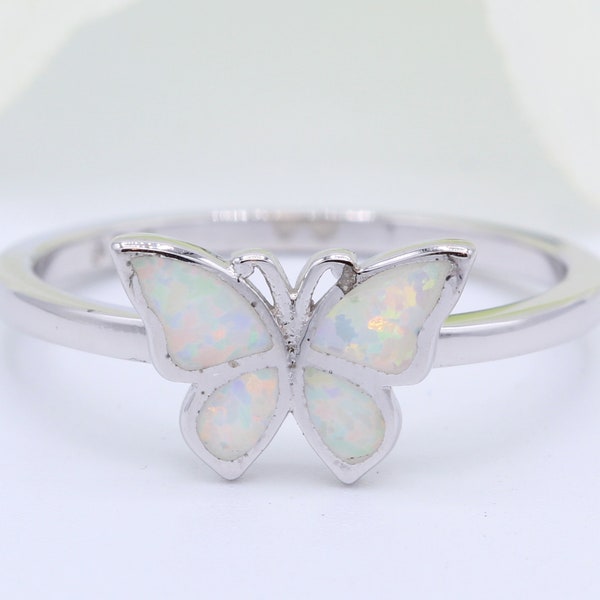 Trendy Lab White Opal Butterfly Solitaire 925 Sterling Silver Band Butterfly Ring 925 Sterling Silver