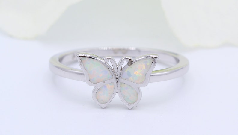 Trendy Lab White Opal Butterfly Solitaire 925 Sterling Silver Band Butterfly Ring 925 Sterling Silver 