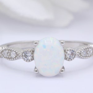 Oval Lab White Opal Art Deco Vintage Wedding Engagement Ring Round CZ Accent Band Solid 925 Sterling Silver Choose Your Stone