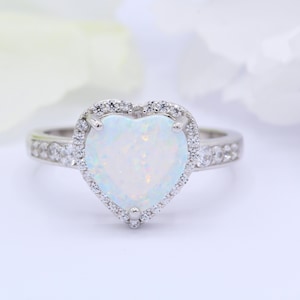 Halo Heart Lab White Opal Art Deco Wedding Engagement Promise Ring Round CZ Band Solid 925 Sterling Silver Valentines Love Heart