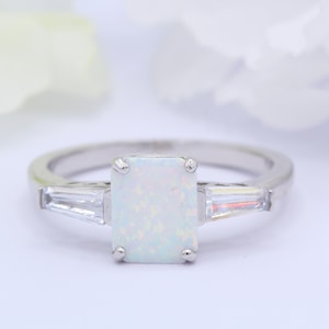 8mmx6mm Emerald Cut Lab White Opal Three Stone Art Deco Wedding Bridal Engagement Ring Baguette CZ 925 Sterling Silver New Design