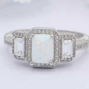 Three Stone Emerald Cut Lab White Opal Beveled Edge Art Deco Vintage Wedding Engagement Ring CZ Solid 925 Sterling Silver Choose Your Stone