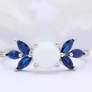 Solitaire Round Lab White Opal Marquis Blue CZ Leaf Design Band Art Deco Wedding Engagement Ring 925 Sterling Silver Choose Your Band Color