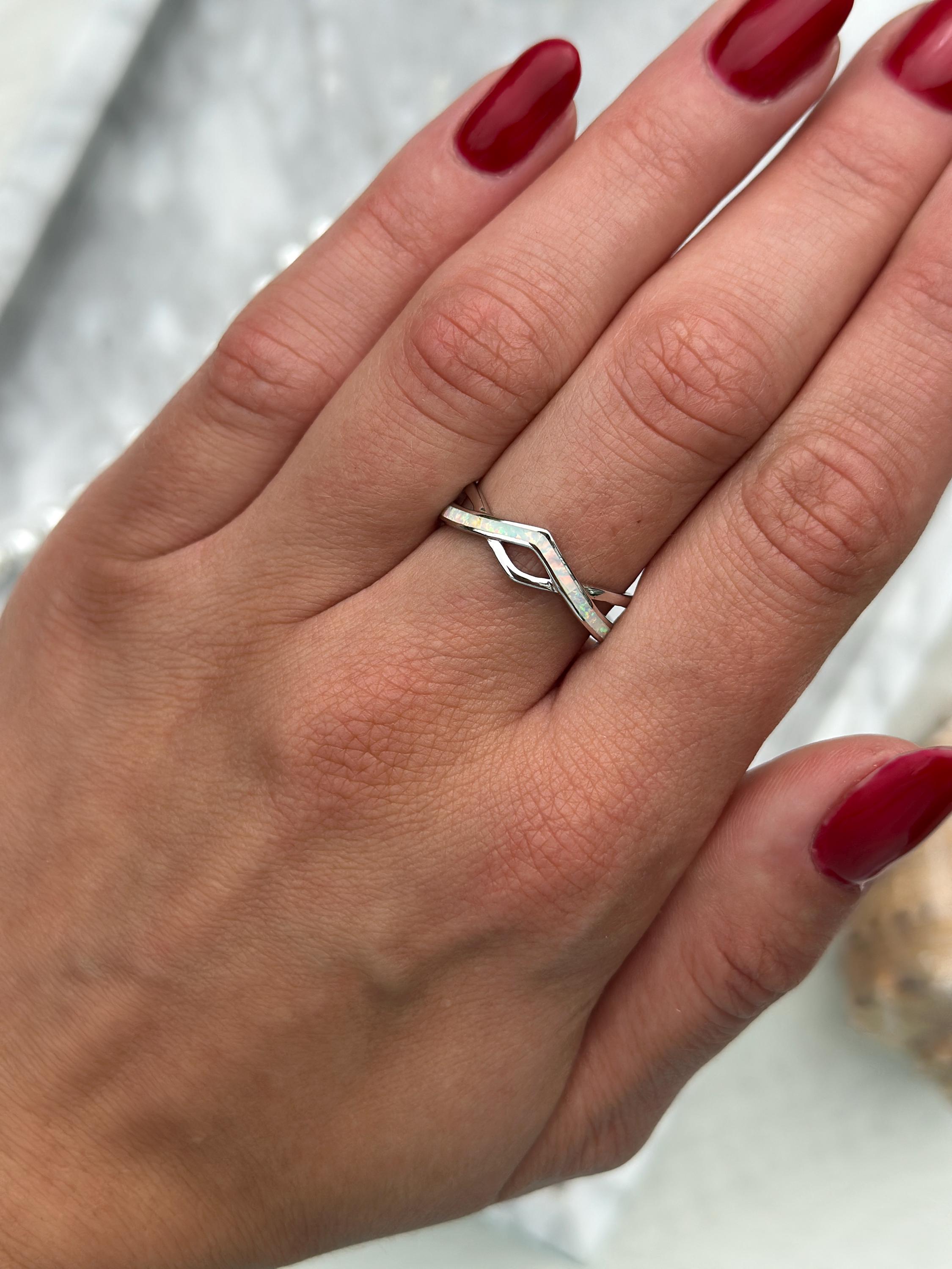 Sterling Silver Criss-Cross Woven Band Ring With Simulated Blue Opal - Size 8 - View #7