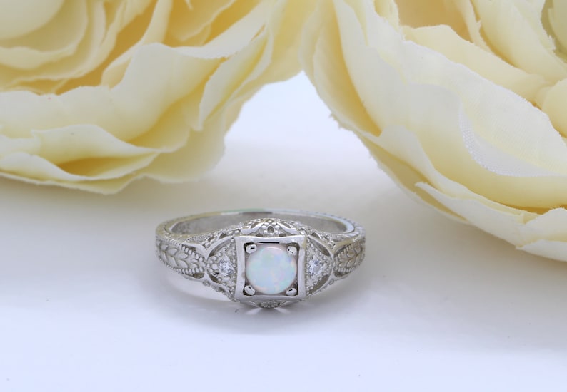 Round Lab White Opal Inset Ornate Art Deco Vintage Wedding Engagement Ring CZ Solid 925 Sterling Silver Choose Your Stone