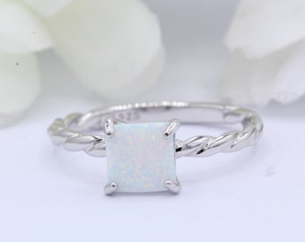 Princess Cut Lab Opal Ring: Art Deco Braided Sterling Silver Band