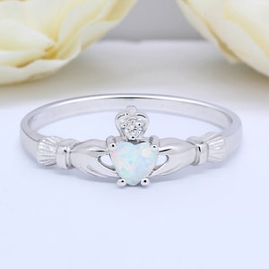 Heart Shaped Lab White Opal Claddagh Ring Irish Promise Ring Petite Dainty Solid 925 Sterling Silver Band Choose Your Stone