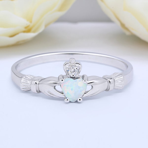 Heart Shaped Lab White Opal Claddagh Ring Irish Promise Ring Petite Dainty Solid 925 Sterling Silver Band Choose Your Stone