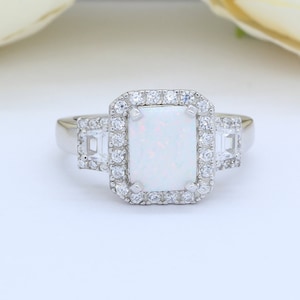 Three Stone Emerald Cut Lab White Opal Art Deco Vintage Wedding Engagement Ring Round CZ Solid 925 Sterling Silver Choose Your Stone