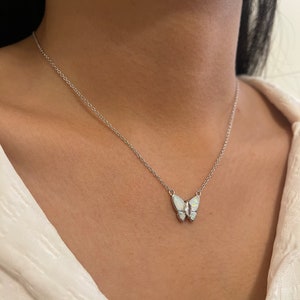 White & Blue Opal Butterfly Necklace: Sterling Silver 925, 16&quot; Chain