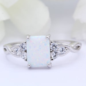 8mmx6mm Emerald Cut Lab White Opal Vintage Art Deco Three Stone Infinity Shank Wedding Bridal Engagement Ring 925 Sterling Silver Band Color
