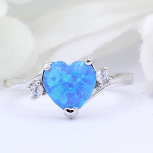Three Stone Lab Blue Opal CZ Diamond Heart Promise Ring Lab Blue Opal Art Deco Ring Solid 925 Sterling Silver Choose Your Band Color