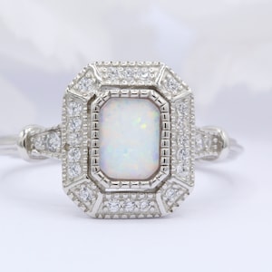 Halo Emerald Cut Lab White Opal Beveled Edge Art Deco Vintage Wedding Engagement Ring Round CZ Solid 925 Sterling Silver Choose Your Stone