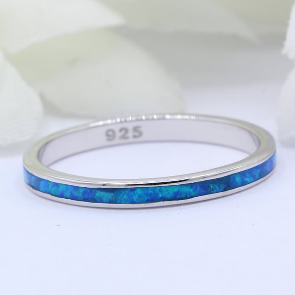 Full Eternity Lab Blue Opal Solitaire Band Promise Ring Vintage Ring Solid 925 Sterling Silver Choose Your Band Color