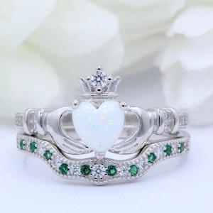 Two Piece Crown Heart Shaped Lab White Opal Claddagh Ring Irish Promise Ring Simulated Emerald Solid 925 Sterling Silver Band Choose  Band