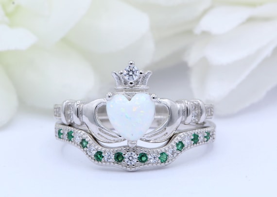 Sterling Silver Lab Created Opal Heart Crown Claddagh Ring Sterling Silver Lab Created Opal Heart Crown Claddagh Ring