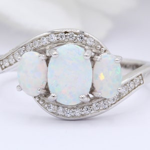 Three Stone Twisted Oval Lab White Opal Art Deco Vintage Wedding Engagement Ring Round CZ Solid Band 925 Sterling Silver Choose Your Stone